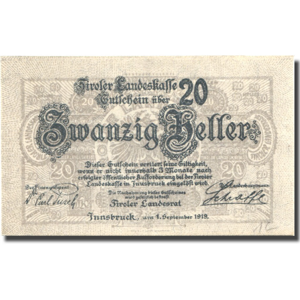 Banknote, Austria, Innsbruck, 20 Heller, Blason, 1919 UNC(63) Mehl:FS 1073I