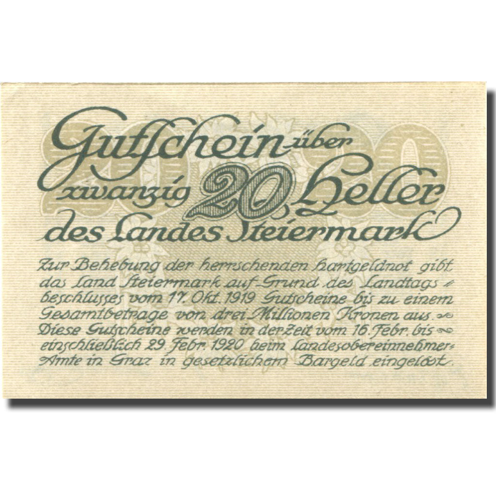 Banconote, Austria Steiermark 20 Heller, valeur faciale, 1920 SPL+ Mehl:FS 1014a