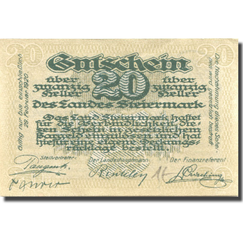 Banconote, Austria Steiermark 20 Heller, valeur faciale, 1920 SPL+ Mehl:FS 1014a