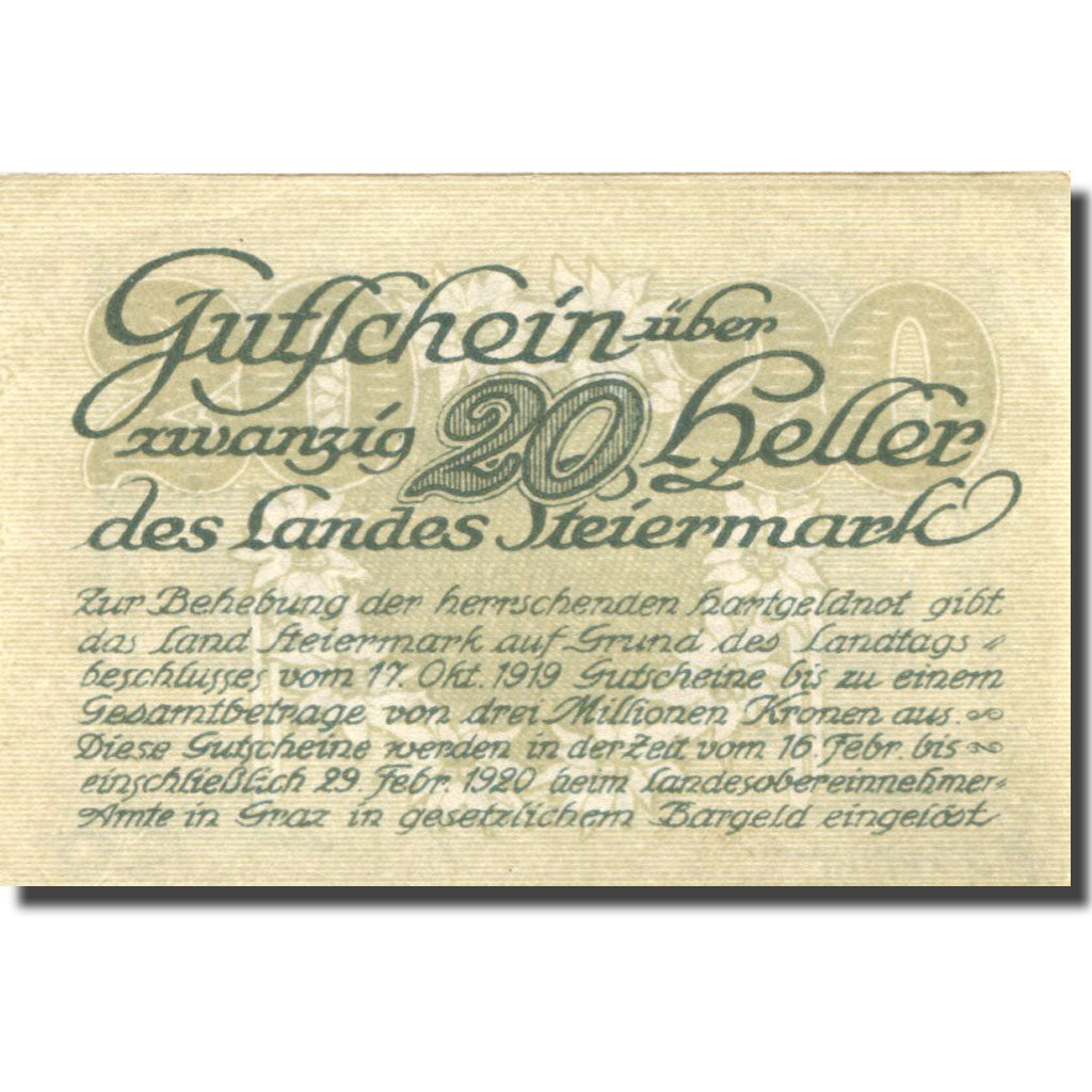 Banknot, Austria, Steiermark, 20 Heller, valeur faciale, 1920, 1920-02-29