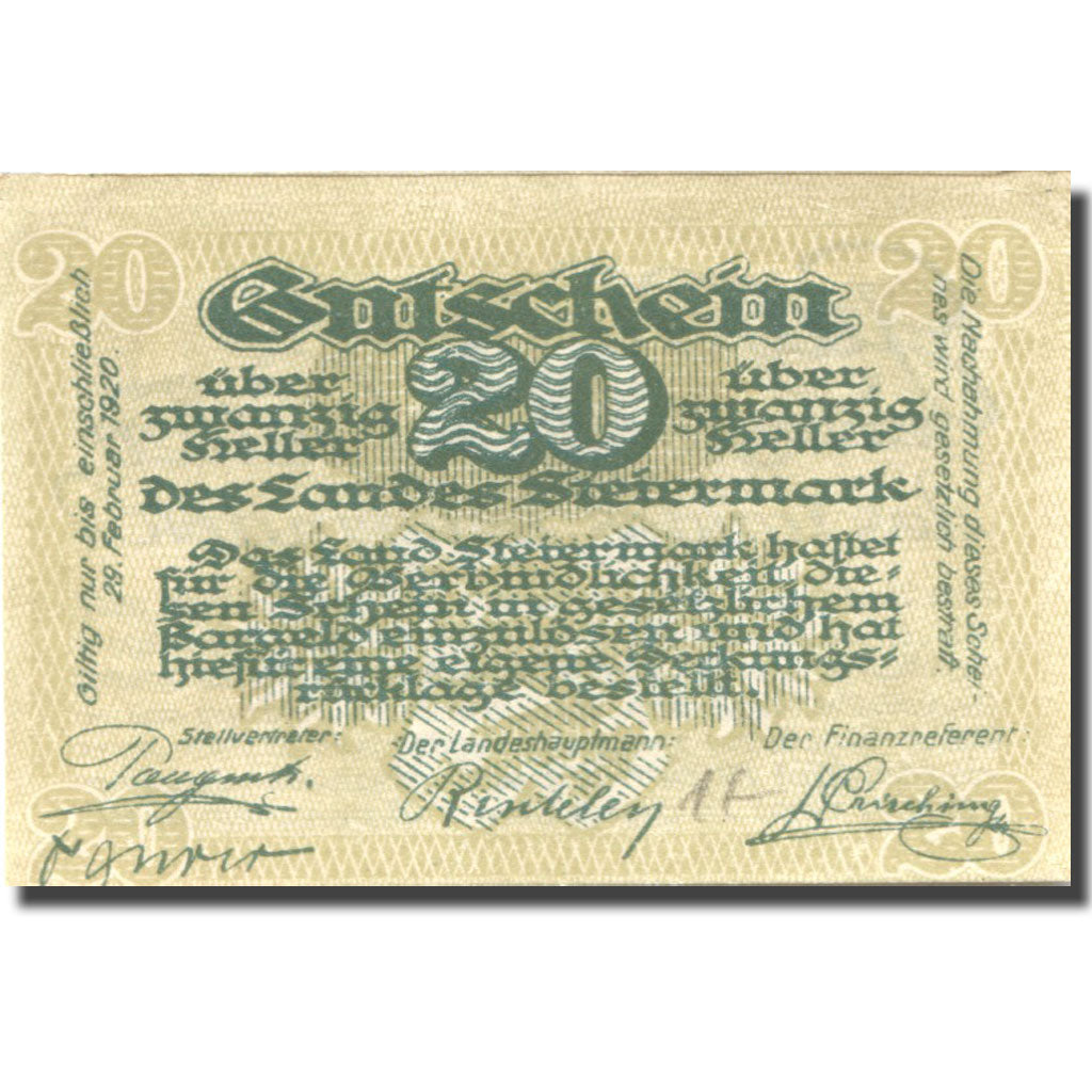 Banknot, Austria, Steiermark, 20 Heller, valeur faciale, 1920, 1920-02-29