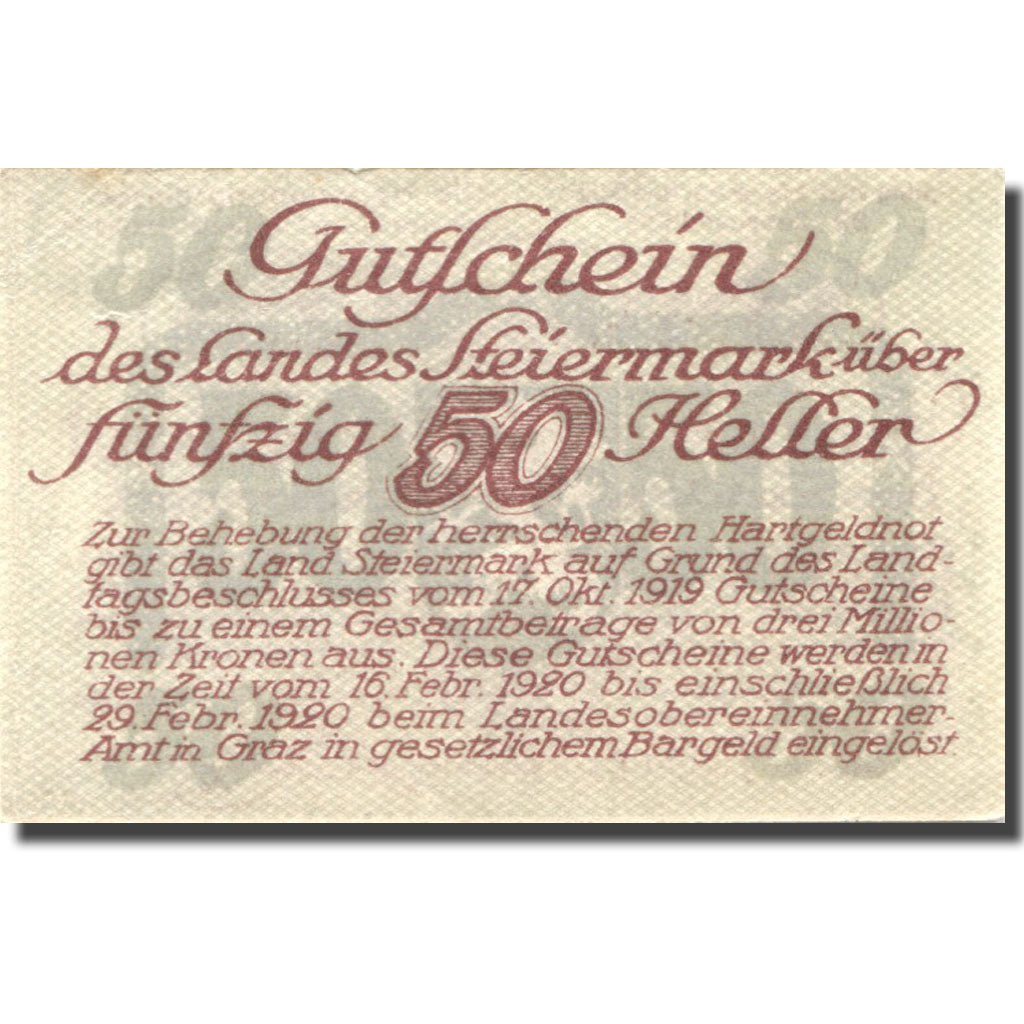 Banknote, Austria, Steiermark, 50 Heller, Blason, 1920 UNC(63) Mehl:FS 1014b
