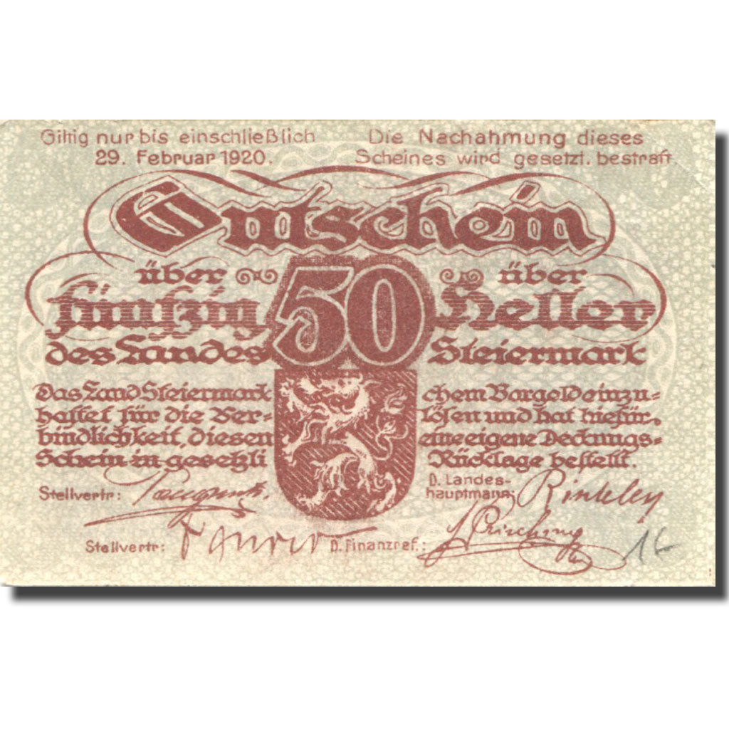 Banknote, Austria, Steiermark, 50 Heller, Blason, 1920 UNC(63) Mehl:FS 1014b