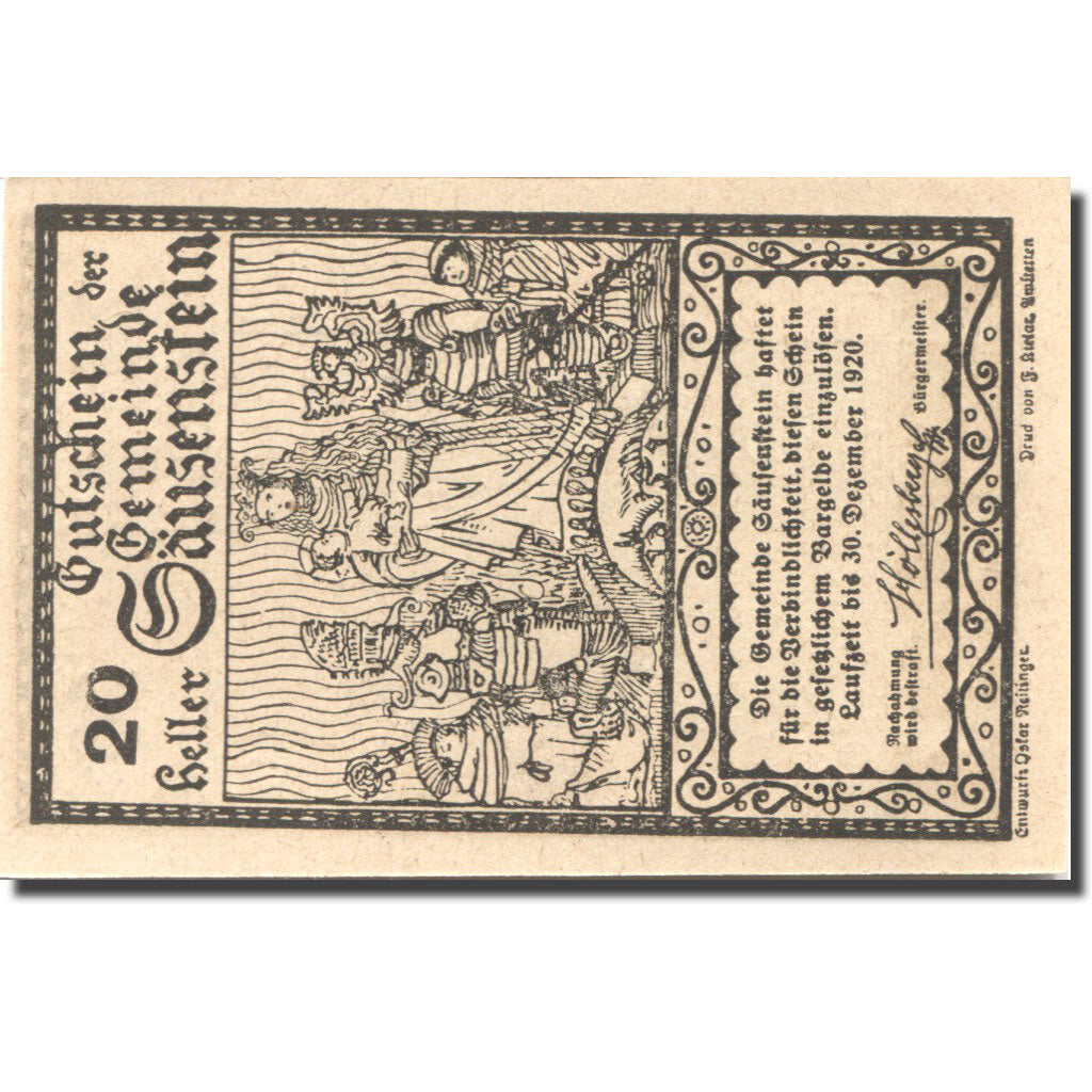 Banknote, Austria, Säusenstein, 20 Heller, Eglise, 1920 UNC(63) Mehl:FS 950a