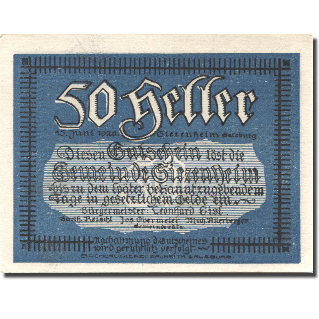 Banknote, Austria, Siezenheim, 50 Heller, paysage 1920 UNC(63) Mehl:FS 996c1
