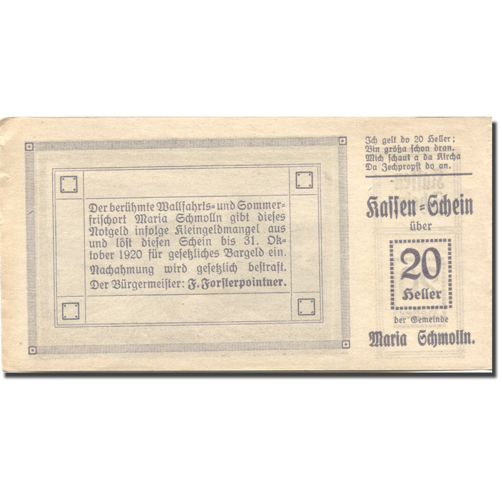 Banknote, Austria, Schmolln, 20 Heller, paysage, 1920 AU(55-58) Mehl:FS 587IIa