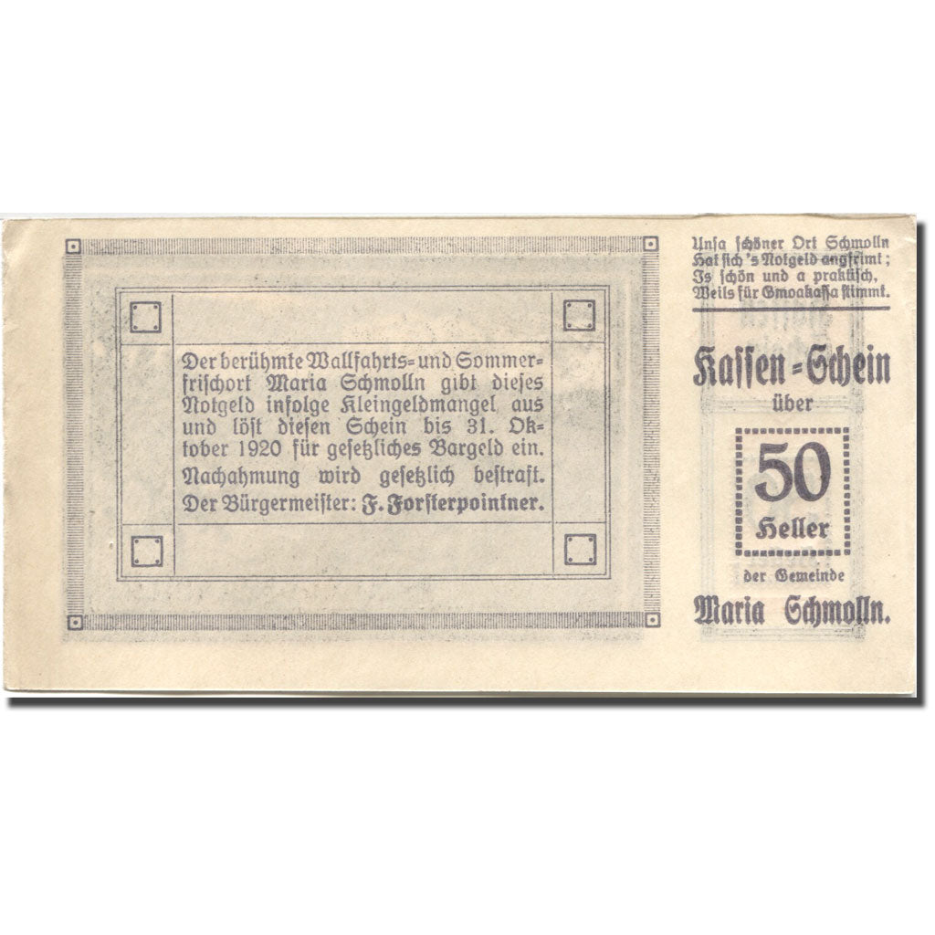 Banknote, Austria, Schmolln, 50 Heller, village, 1920 UNC(60-62) Mehl:FS 587IIa