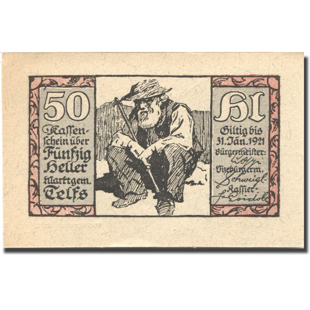Geldschein, Österreich, Telfs, 50 Heller, personnage 2, 1921, UNZ- Mehl:FS 1061a