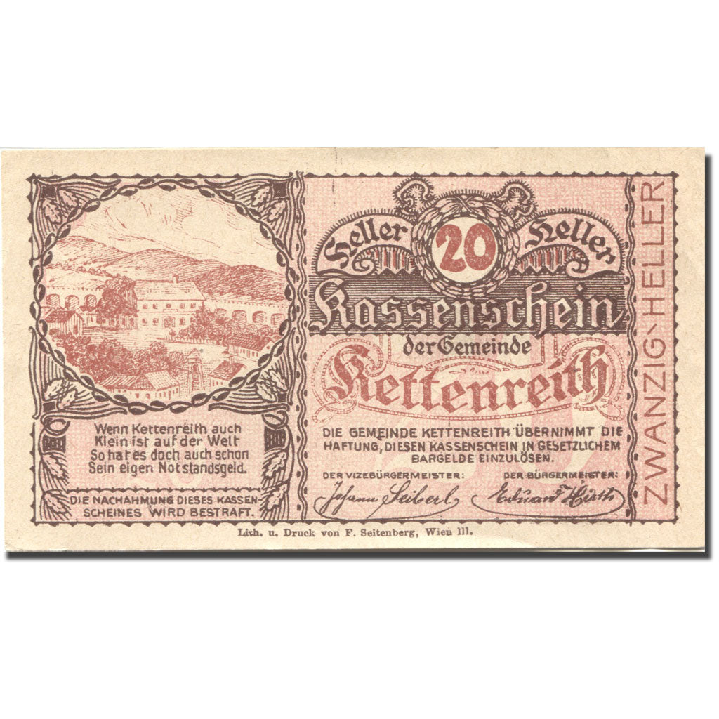 Banknote, Austria, Kettenreith, 20 Heller, paysage, UNC(63), Mehl:FS 435a