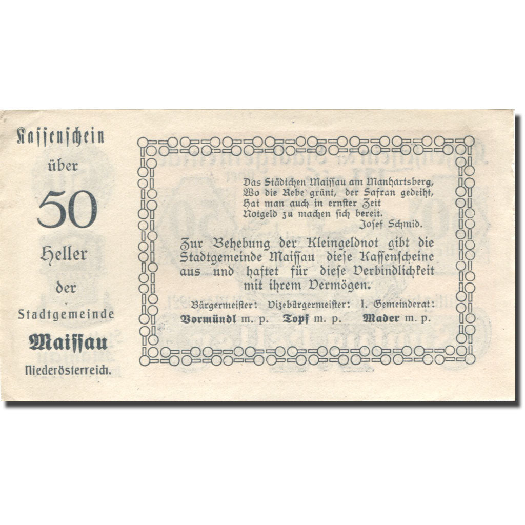 Geldschein, Österreich, Maissau, 50 Heller, château, 1920 UNZ- Mehl:FS 573g