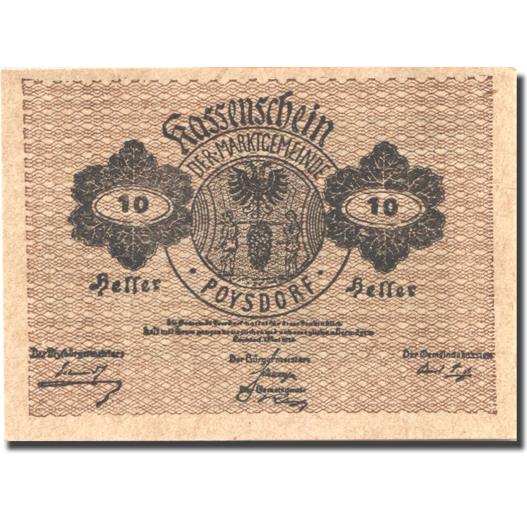 Banknote, Austria, Poysdorf, 10 Heller, Blason, 1920 UNC(63) Mehl:FS 776a1