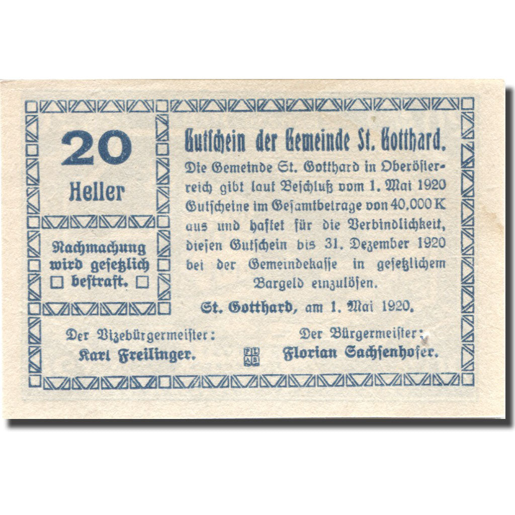 Banknote, Austria, St Gotthard, 20 Heller, ferme, 1920 UNC(63) Mehl:FS 892