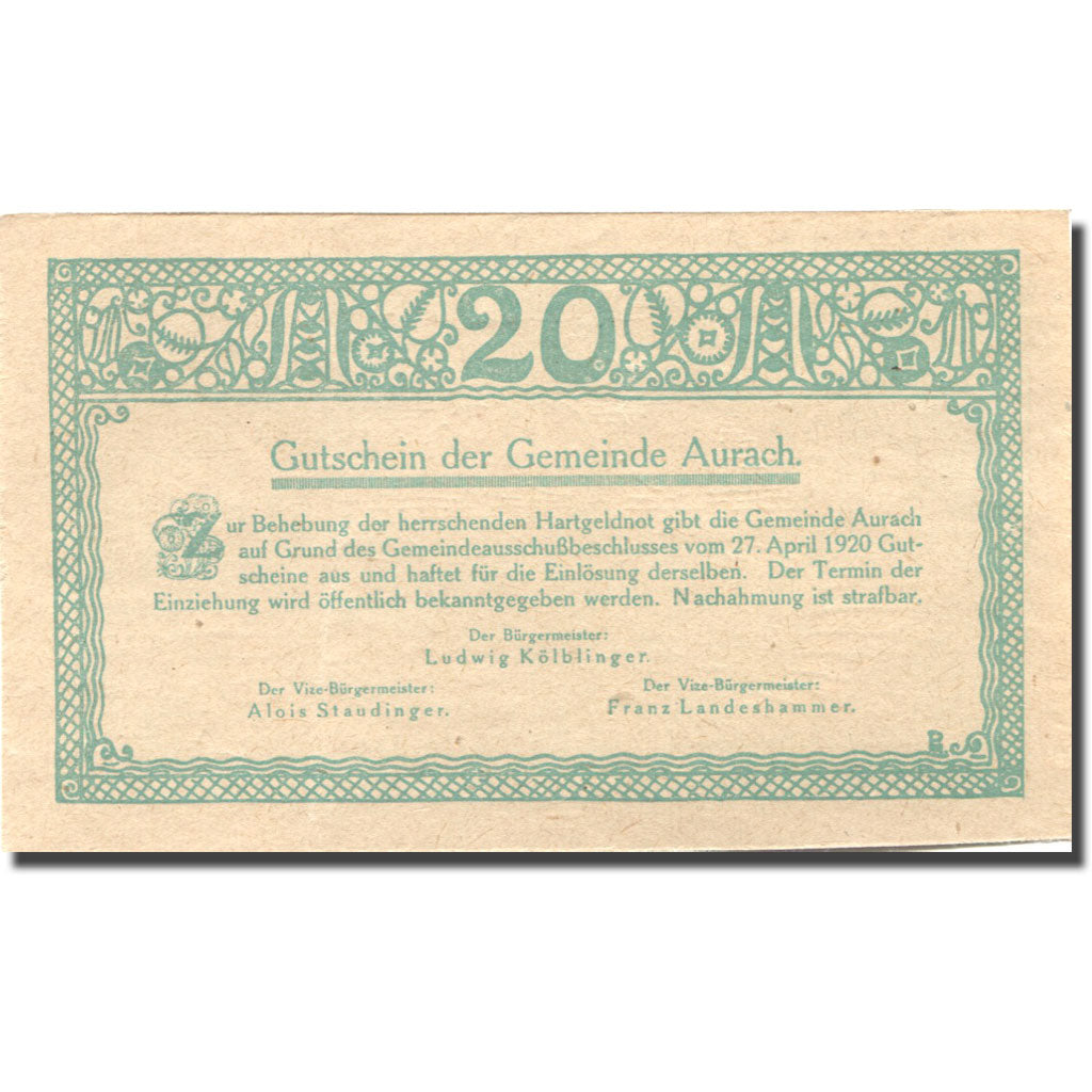 Banknote, Austria, Aurach, 20 Heller, village 1, 1920 green UNC(63) Mehl:FS 68b