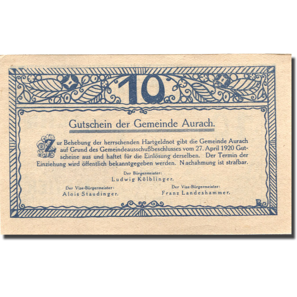 Banknote, Austria, Aurach, 10 Heller, village 2, 1920 UNC(63) blue Mehl:FS 68a