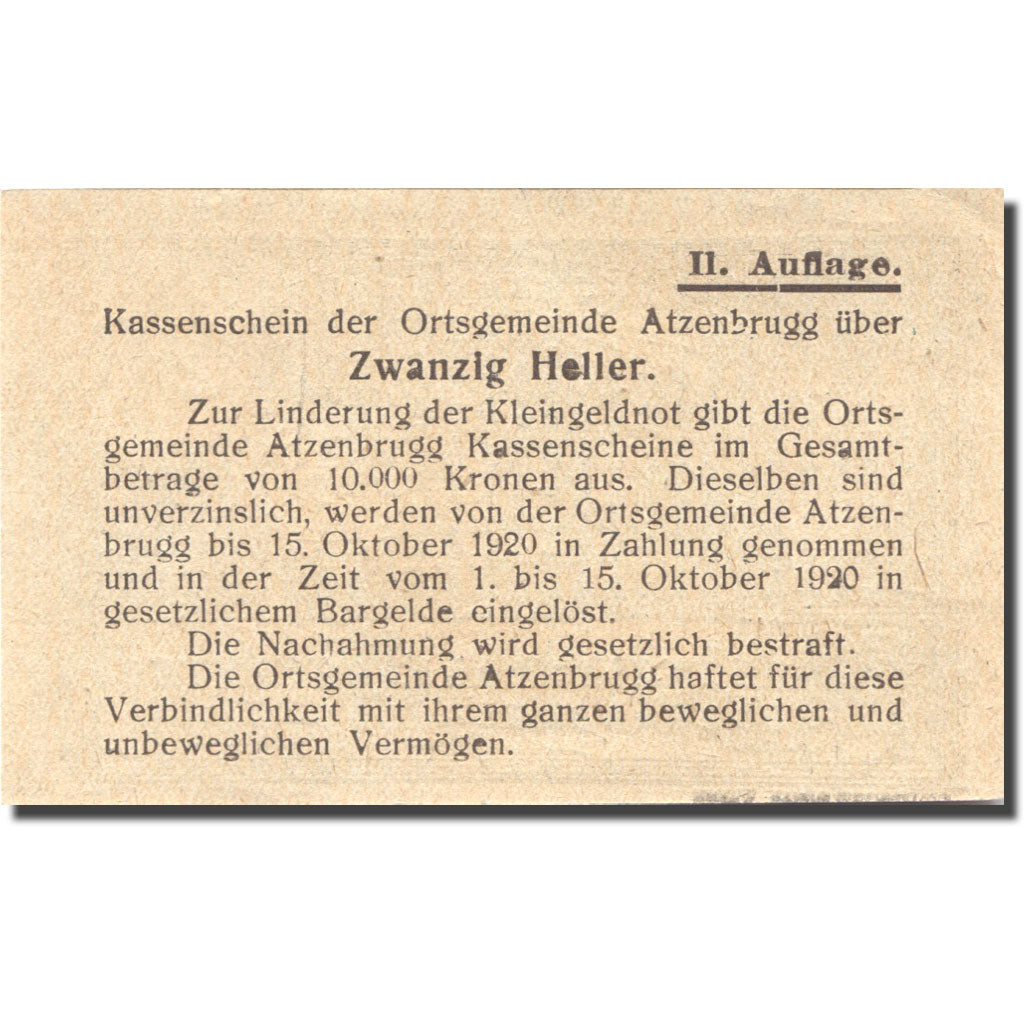 Banconote, Austria, Atzenbrugg, 20 Heller, village, 1920 SPL Mehl:FS 63IIaA