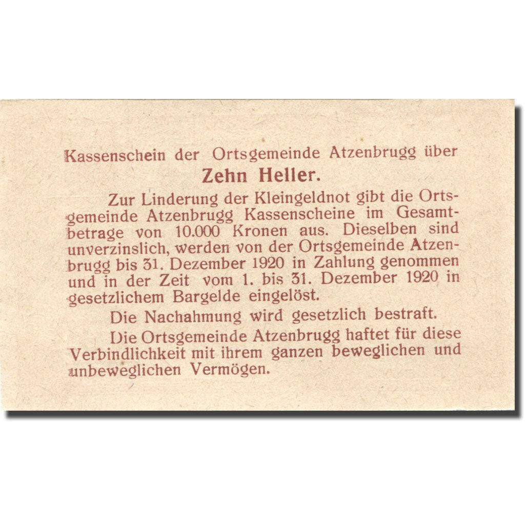 Banconote, Austria, Atzenbrugg, 10Heller, personnage, 1920 SPL red Mehl:FS 63IaA