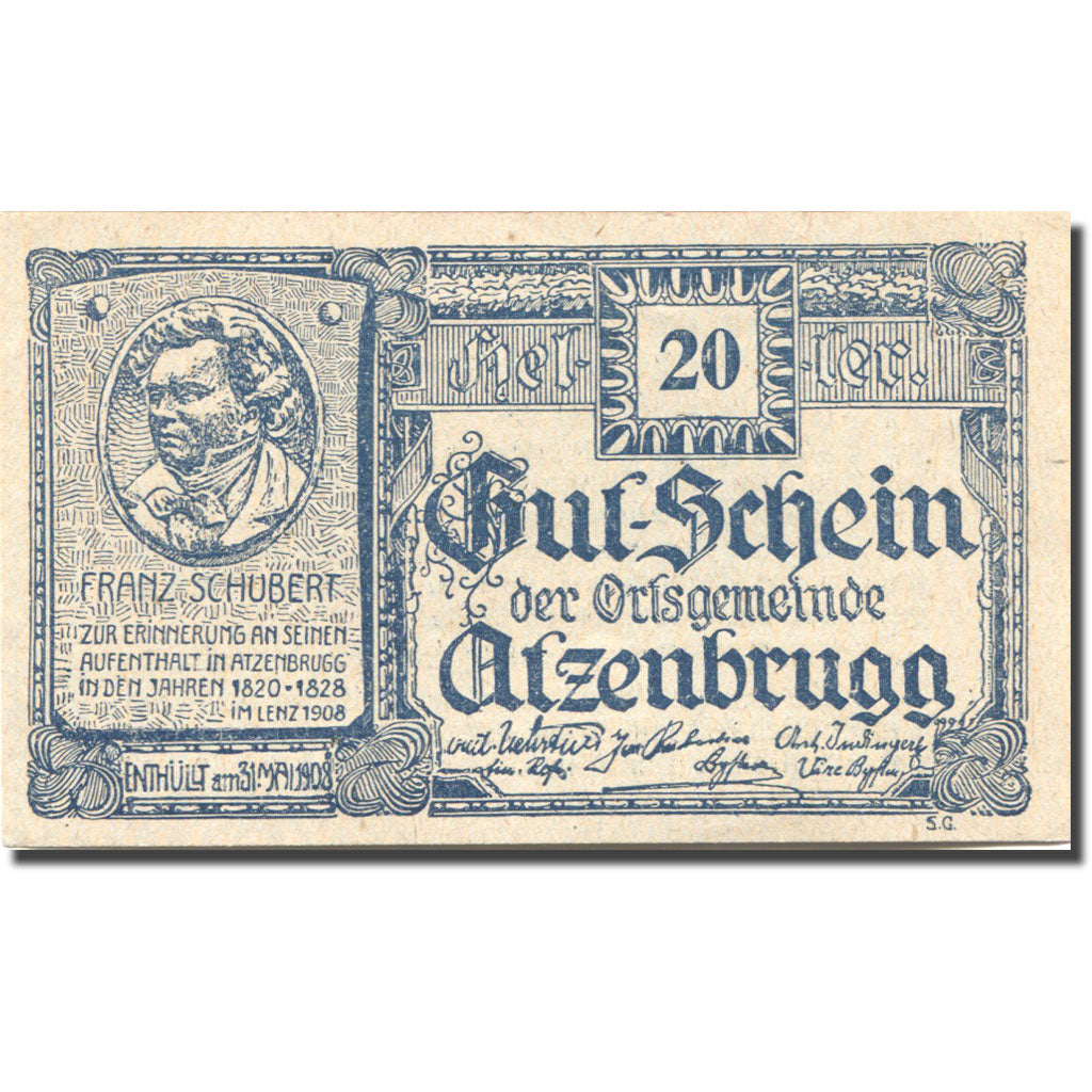 Banknote Austria Atzenbrugg 20Heller personnage 1,1920 UNC(63) blue Mehl:FS63IaF