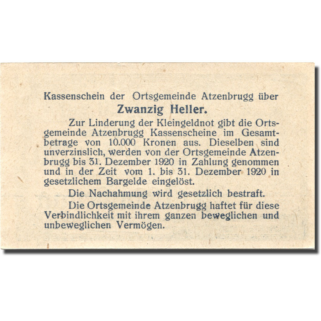 Banknote Austria Atzenbrugg 20Heller personnage 1,1920 UNC(63) blue Mehl:FS63IaF