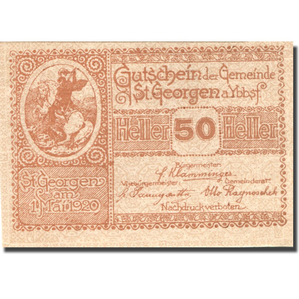 Biljet, Oostenrijk, St Georgen, 50 Heller, agriculture, 1920 SPL Mehl:FS 885I