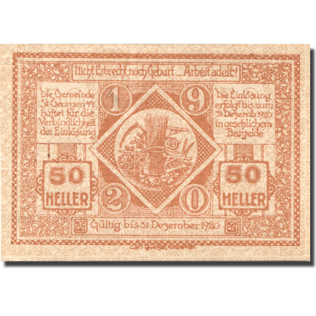 Biljet, Oostenrijk, St Georgen, 50 Heller, agriculture, 1920 SPL Mehl:FS 885I