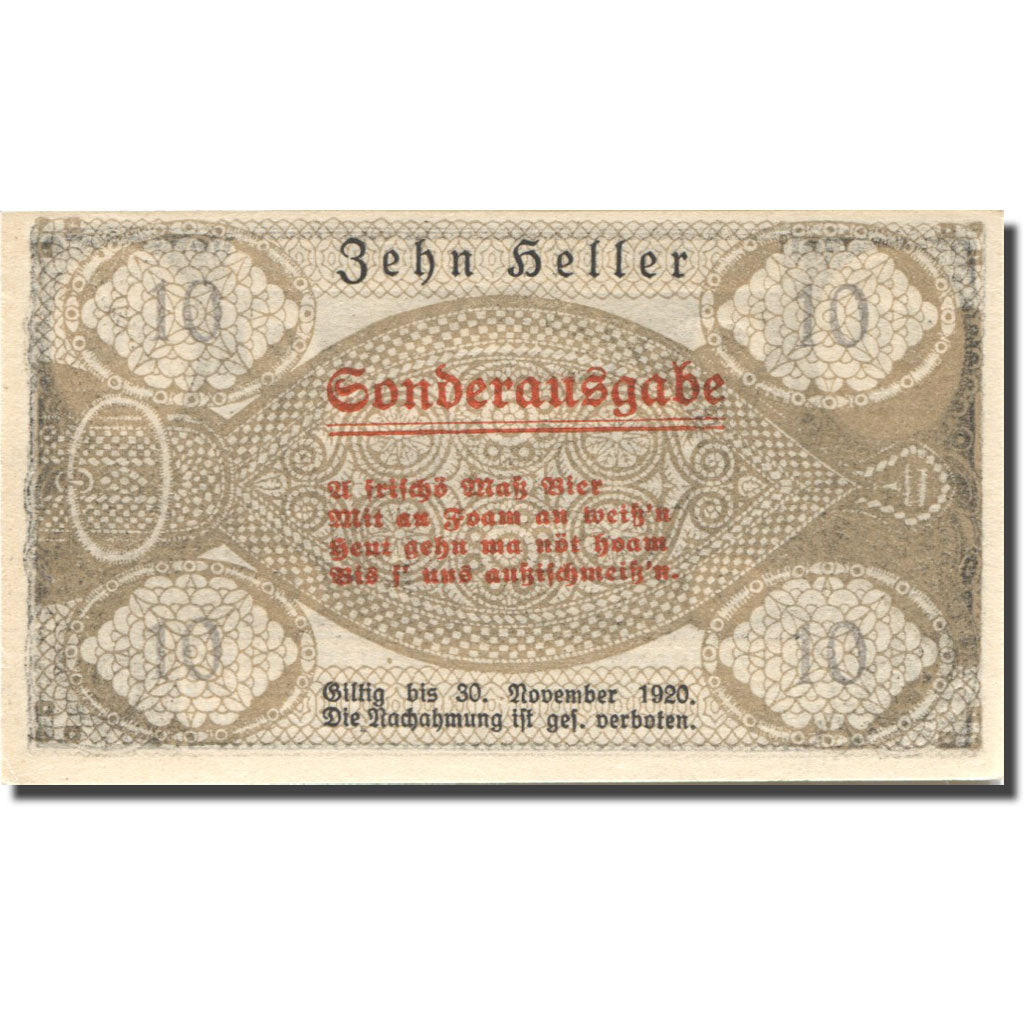 Banknote, Austria, Sonderausgabe, 10 Heller, village, 1920 UNC(63) Mehl:FS 893