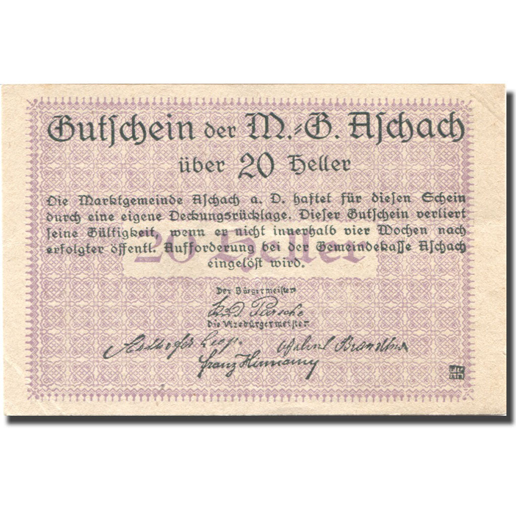 Banknote, Austria, Aschach 20 Heller, Blason, UNC(63), Mehl:FS 53IIbo1
