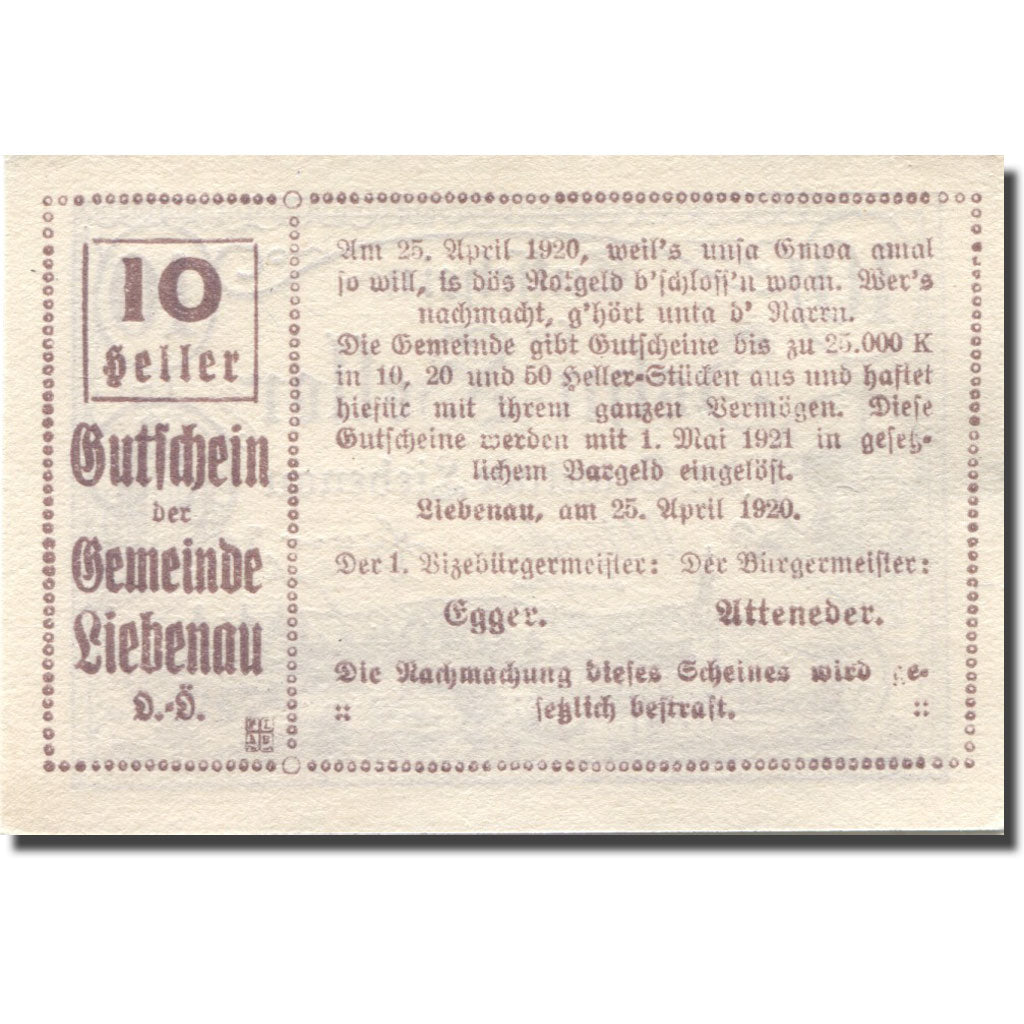 Banknote, Austria, Liebenau, 10 Heller, village, 1921 UNC(63) Mehl:FS 521