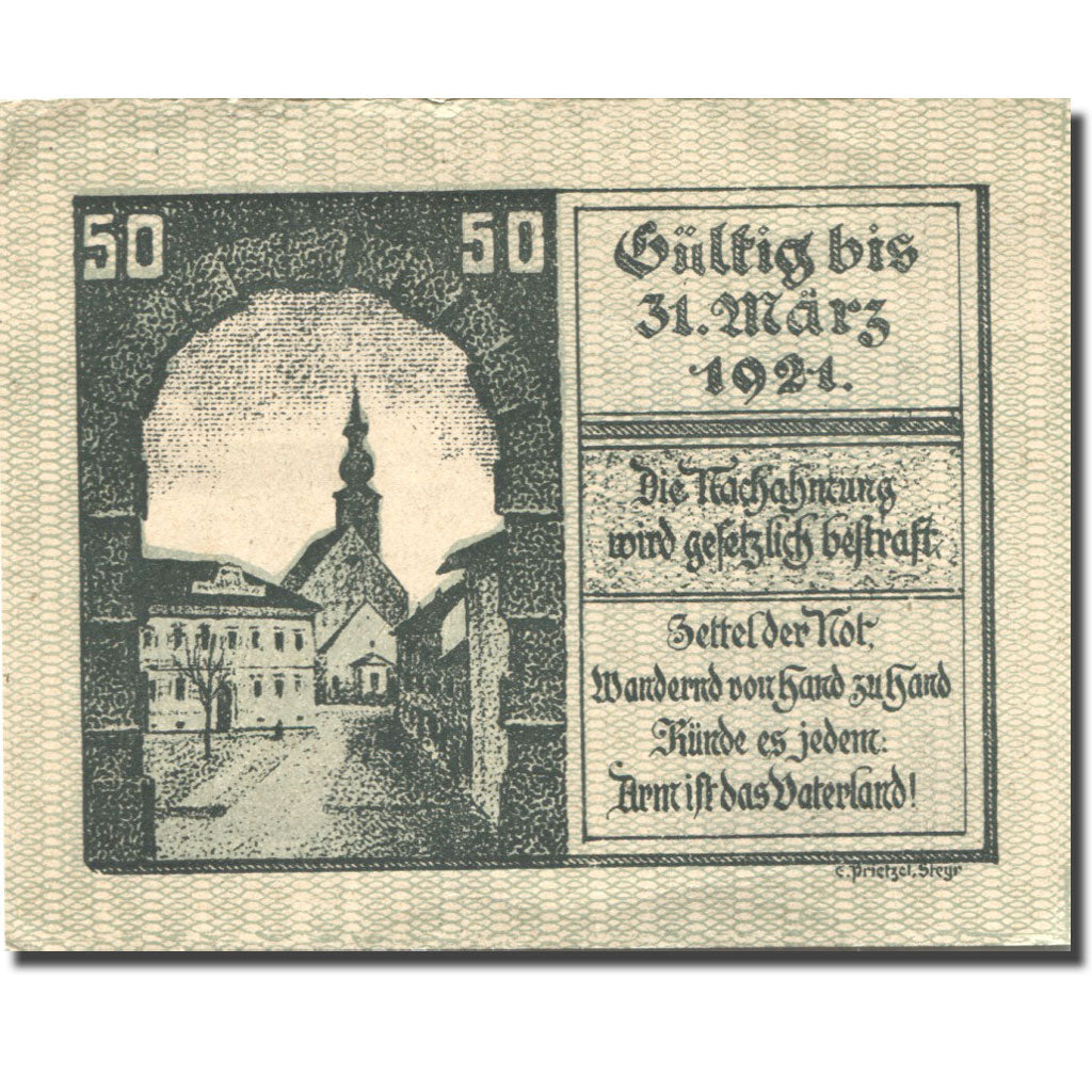 Geldschein Österreich Kirchdorf a/d Krems, 50Heller Blason 1921 VZ Mehl:FS 445Ib