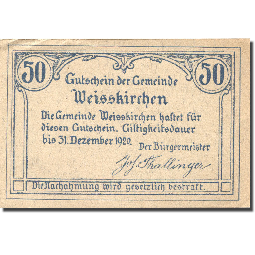 Banknote, Austria, Weisskirchen, 50 Heller, Eglise, 1920 UNC(63) Mehl:FS 1160