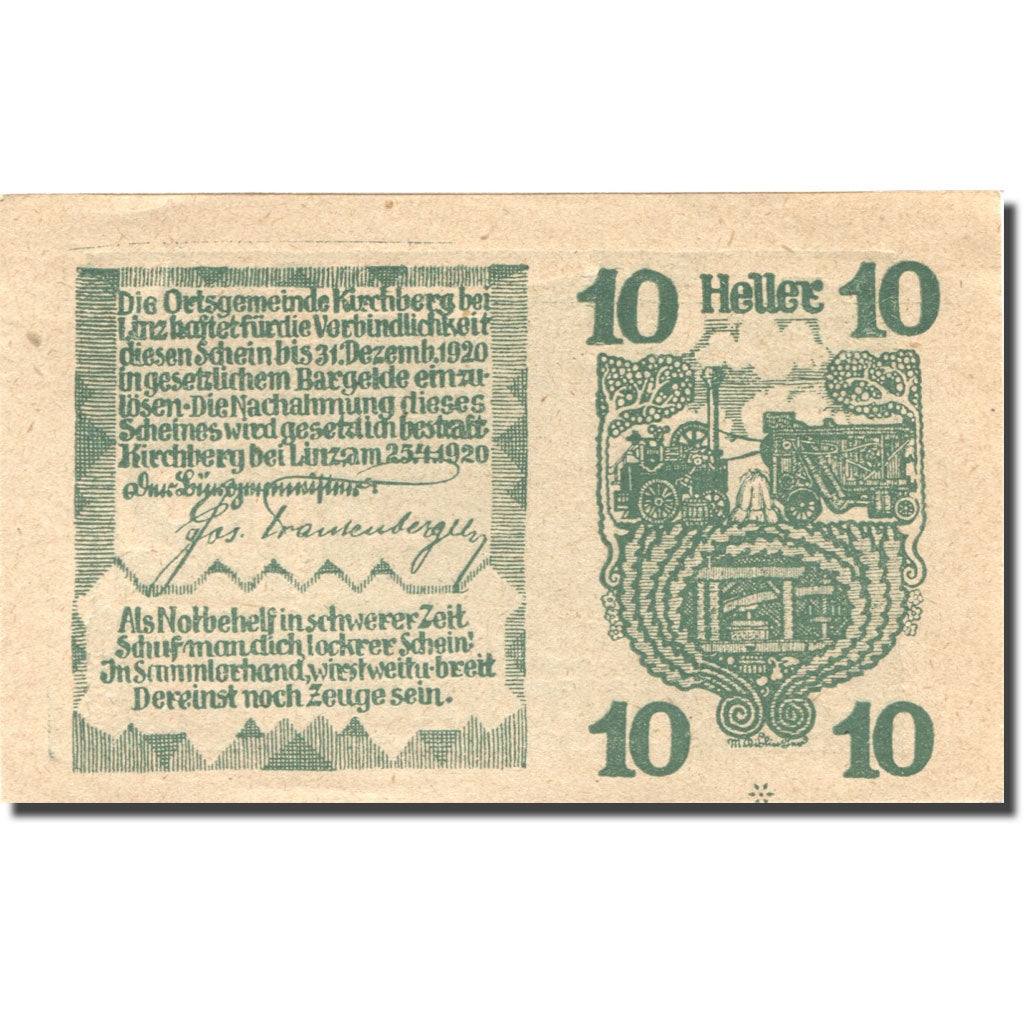 Banknote Austria Kirchberg bei Linz 10 Heller, cheval, 1920 UNC(63) Mehl:FS 443d