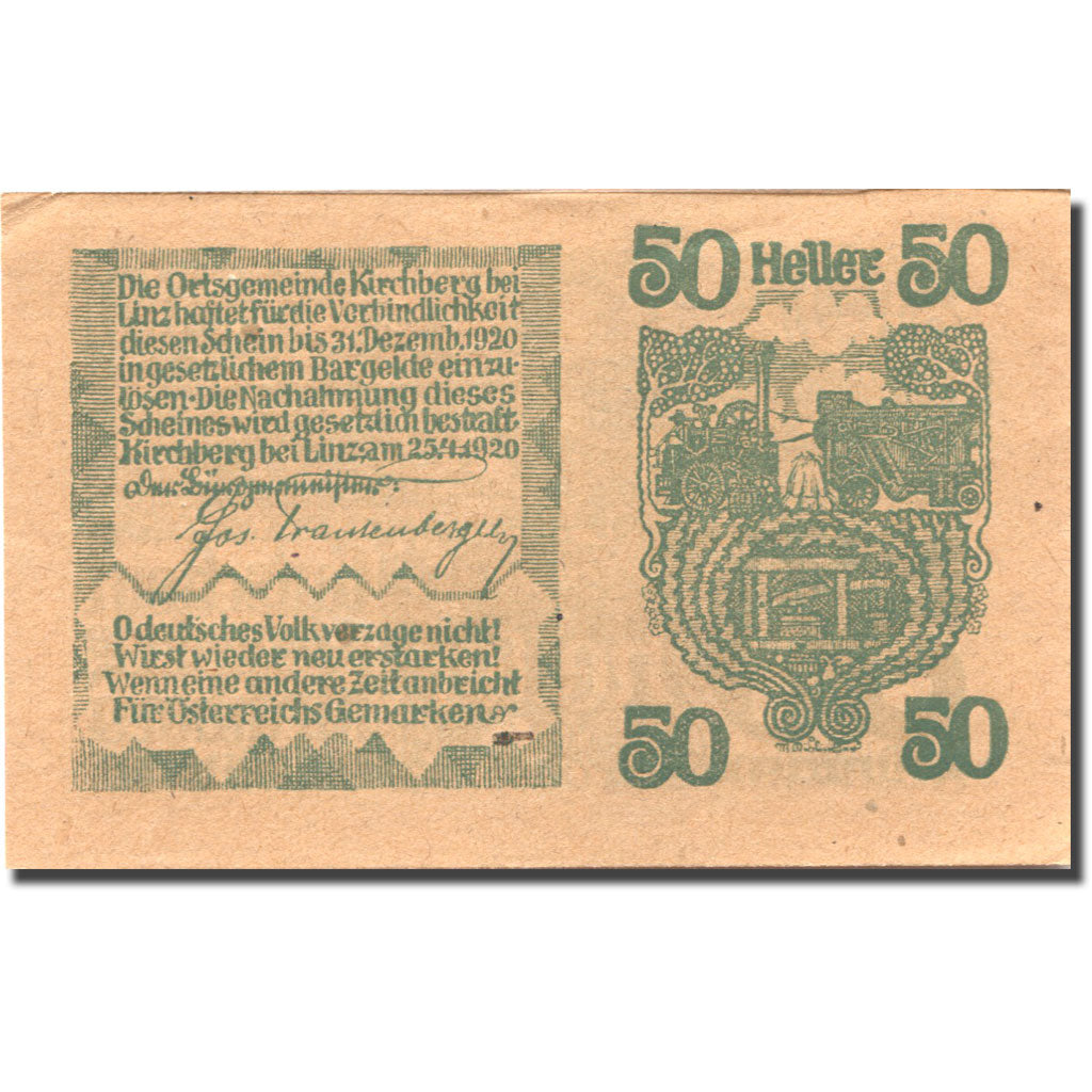 Banknote, Austria, Kirchberg 50 Heller, village, 1920 UNC(63) Mehl:FS 443c