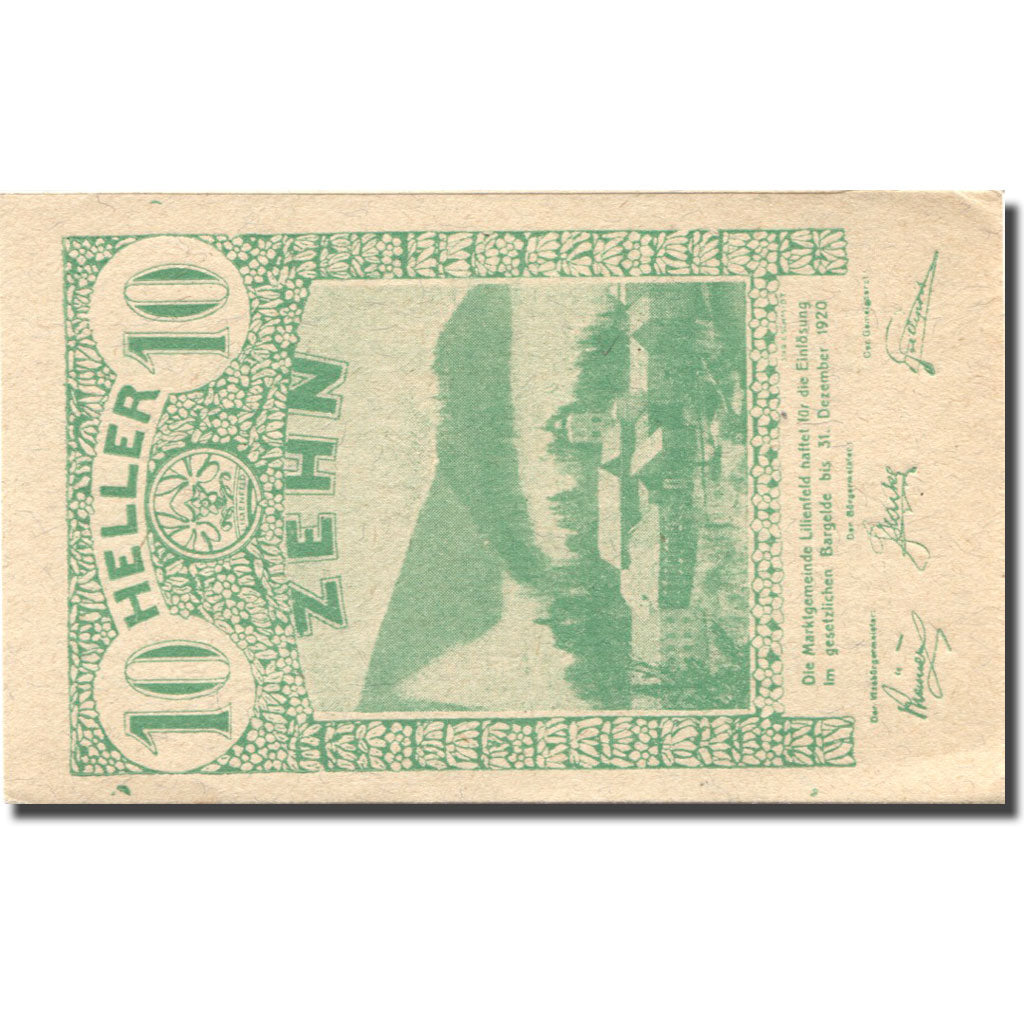 Banknote, Austria, Lilienfeld, 10 Heller, paysage, 1920 UNC(63) Mehl:FS 523Ia