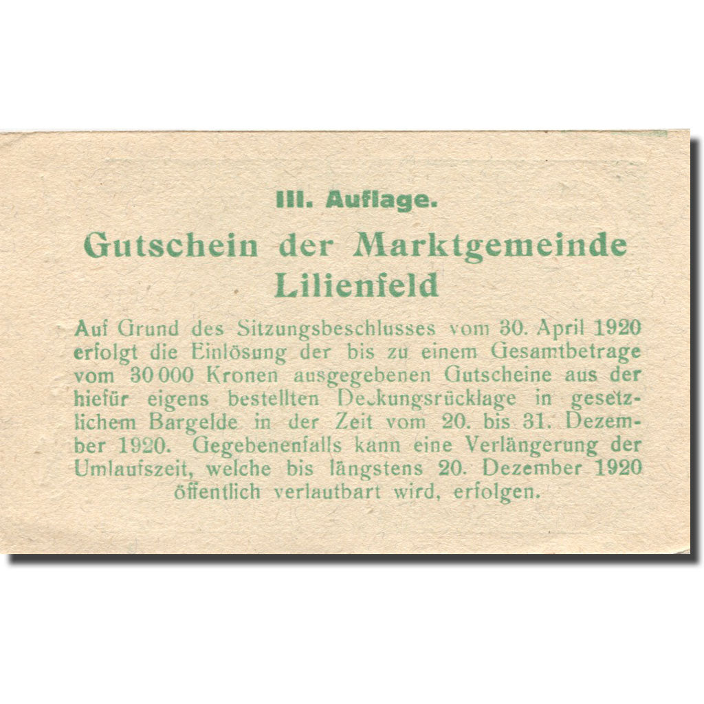 Banknote, Austria, Lilienfeld, 10 Heller, paysage, 1920 UNC(63) Mehl:FS 523Ia
