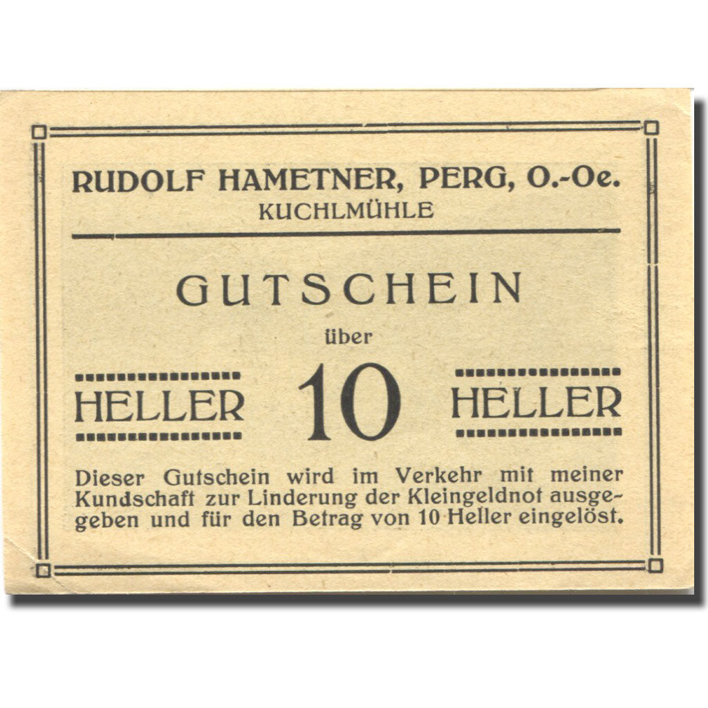 Banknote, Austria, Perg, 10 Heller, ferme, UNC(63) yellow Mehl:FS 1243