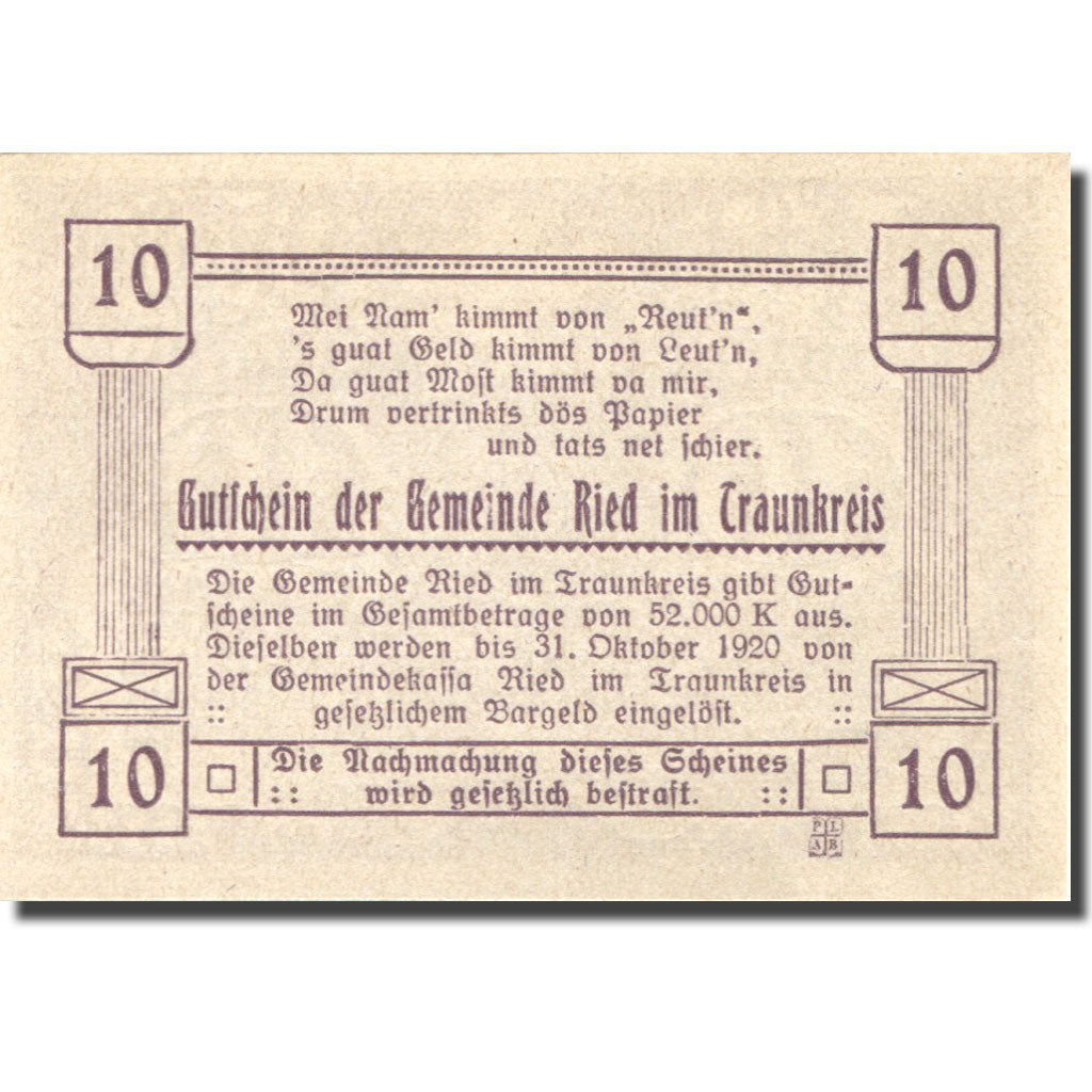 Banknote, Austria, Ried, 10 Heller, Eglise 1920-10-31, UNC(63), Mehl:FS 836Ia