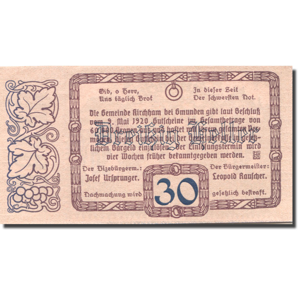 Banknote, Austria, Kirchham, 30 Heller, village, 1920 UNC(63) Mehl:FS 446Ia