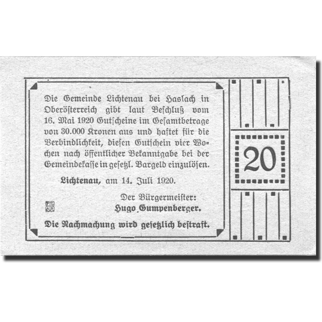 Geldschein, Österreich, Lichtenau, 20 Heller, agriculteur, 1920 UNZ- Mehl:FS 517