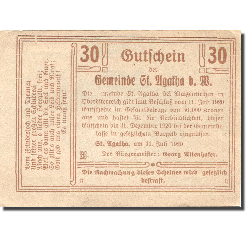 Banknote, Austria, St Agatha, 30 Heller, ferme 1920-07-11, UNC(63) Mehl:FS 877Ia