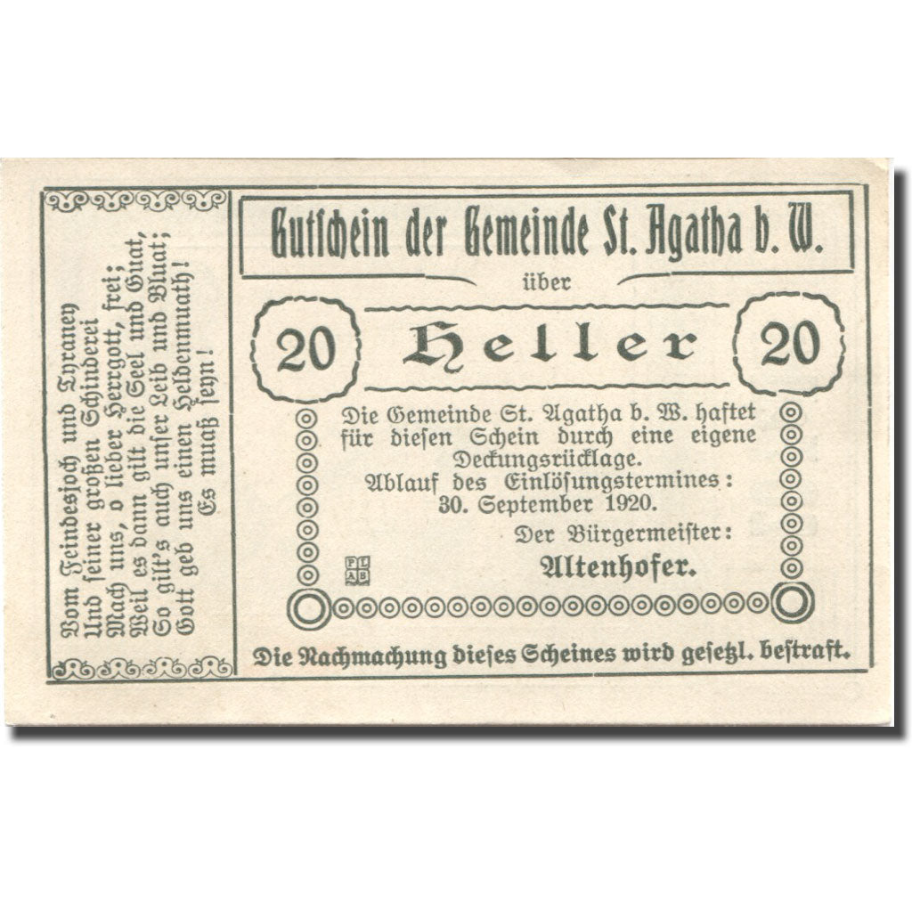 Banknote, Austria, St Agatha, 20 Heller, grange, 1920 UNC(63) Mehl:FS 877Ic
