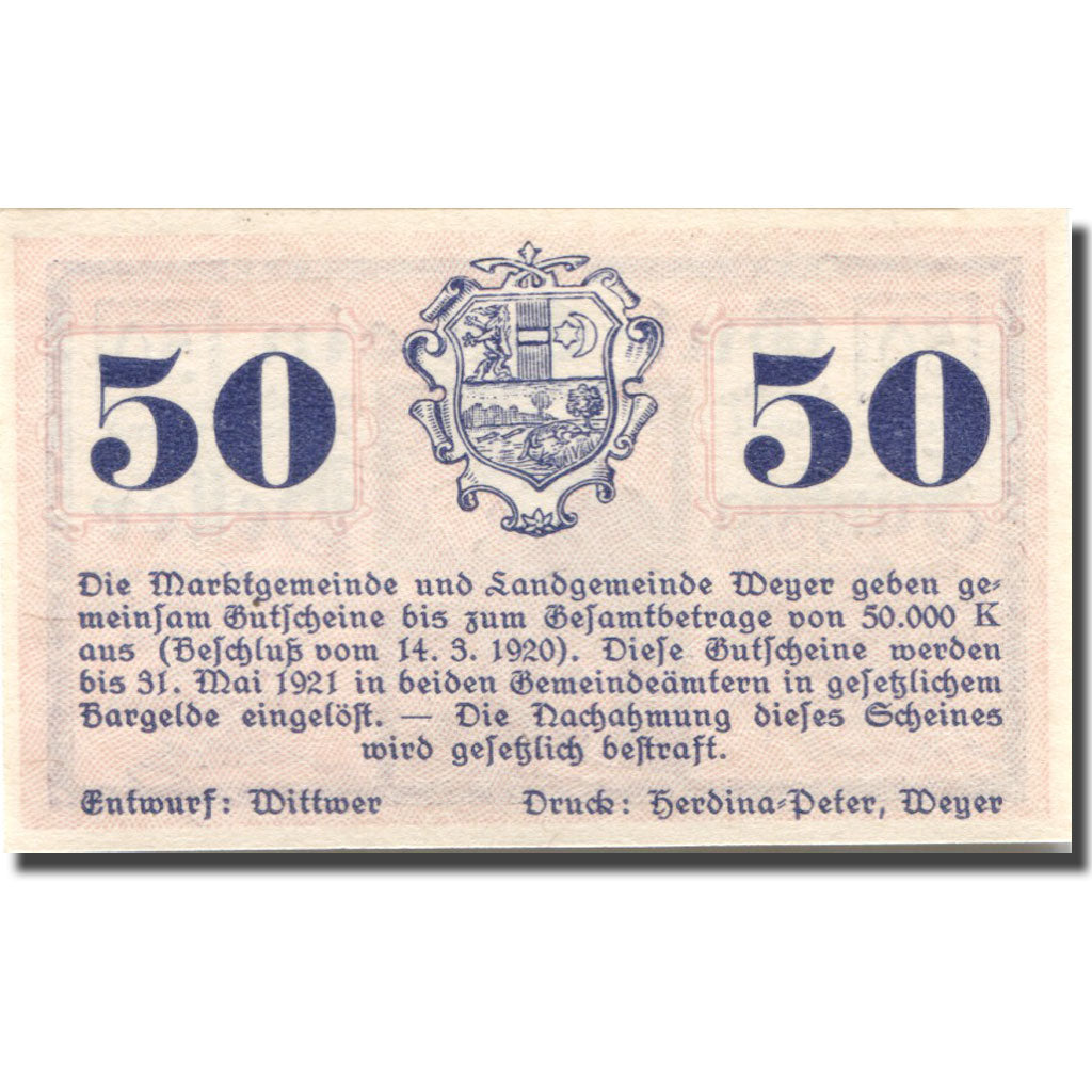 Banknote, Austria, Weyer Markt, 50 Heller, rue, 1921 UNC(63) Mehl:FS 1175