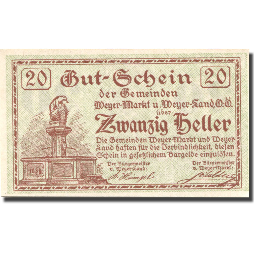 Banknote, Austria, Weyer Markt, 20 Heller, Monument, 1921 UNC(63) Mehl:FS 1175