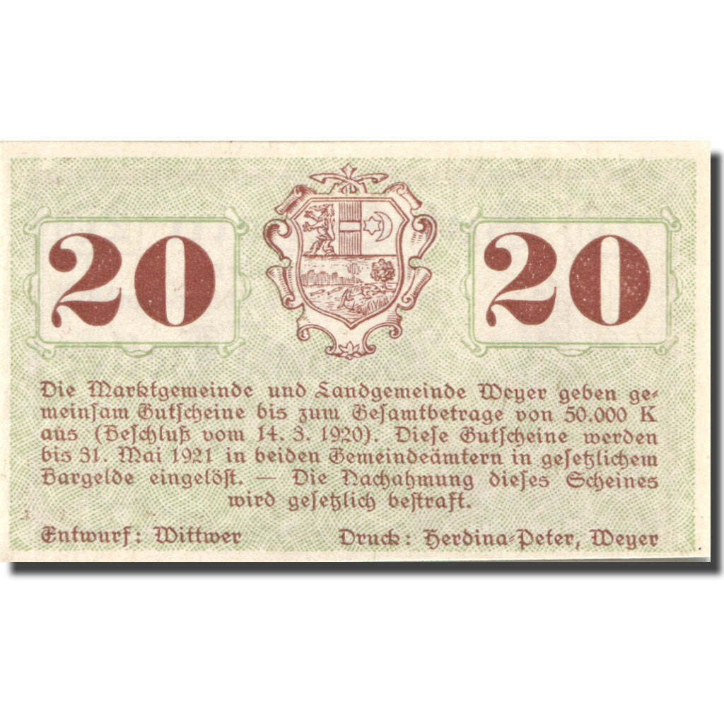 Banknote, Austria, Weyer Markt, 20 Heller, Monument, 1921 UNC(63) Mehl:FS 1175