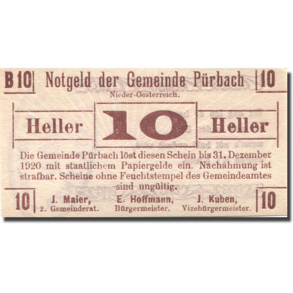 Banknote, Austria, Pürbach 10Heller, valeur faciale, 1920 UNC(63) Mehl:FS 793IIa