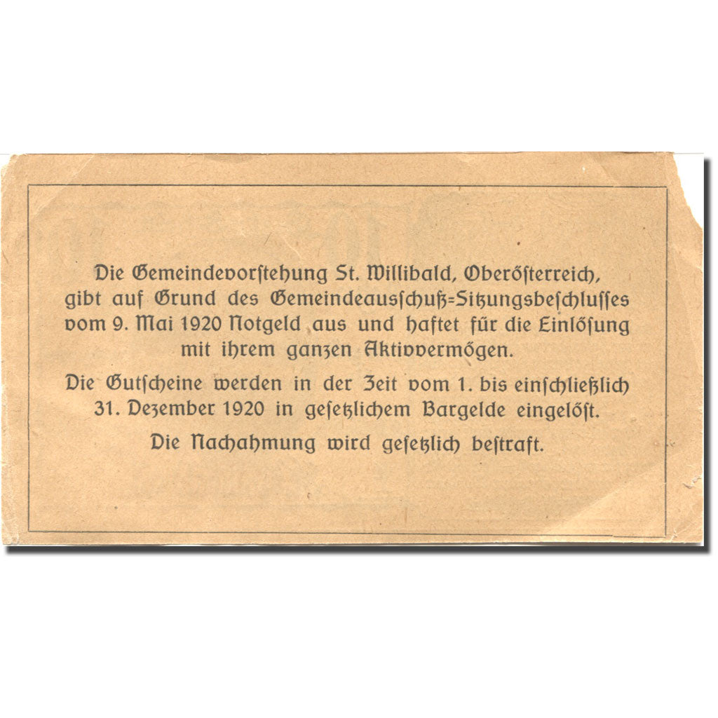 Banknote, Austria, St Willibald, 10 Heller, Forêt, 1920 EF(40-45) Mehl:FS 946Ad