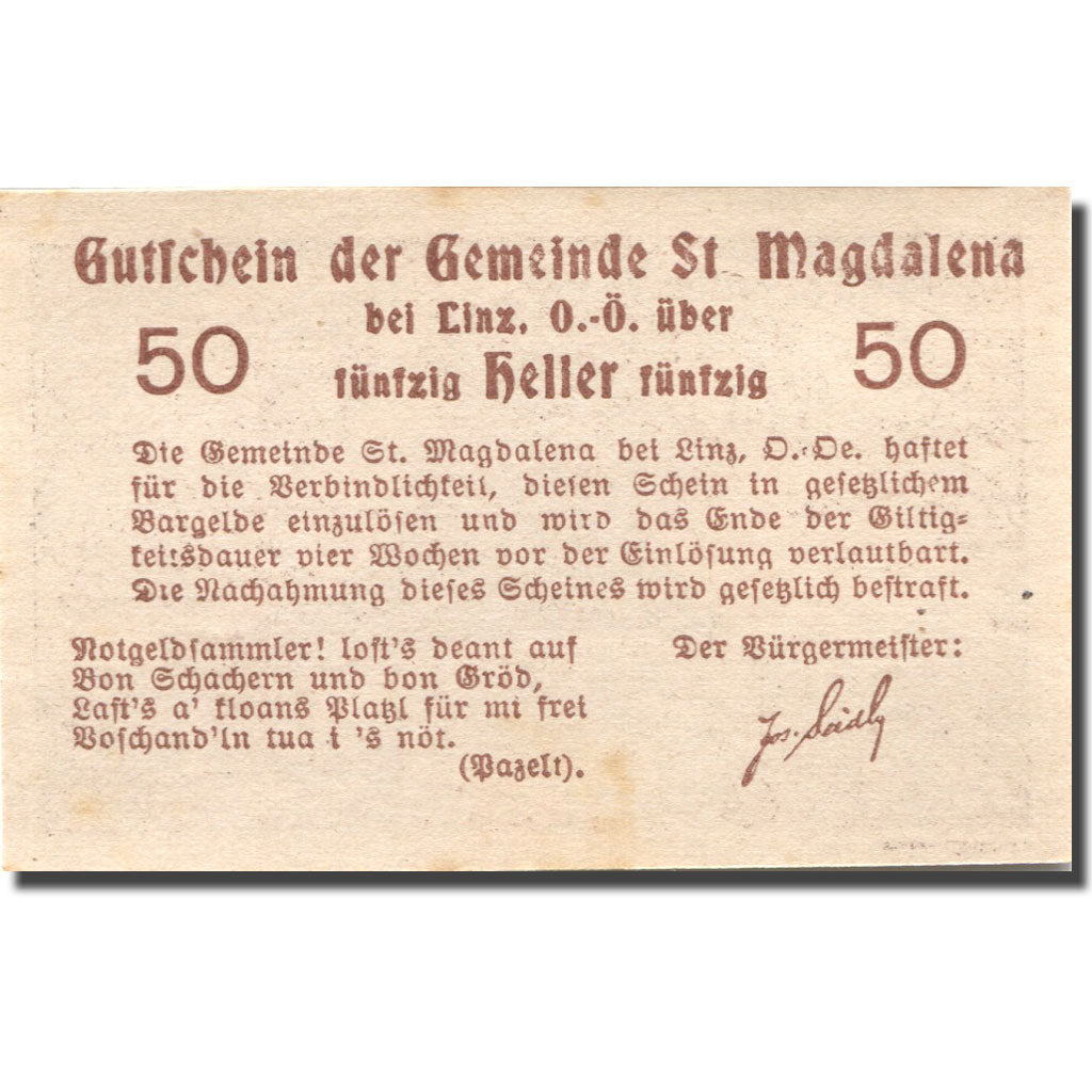 Banknote, Austria, St Magdalena, 50 Heller, village, AU(55-58), Mehl:FS 906a