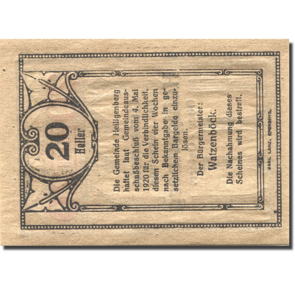 Banknote, Austria, Heiligenberg, 20 Heller face value 1920 UNC(63) Mehl:FS 361Ia