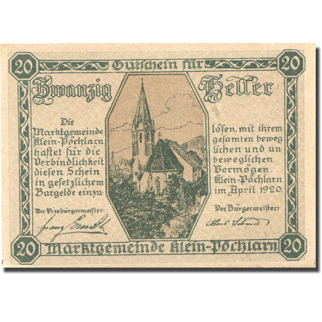 Banknote, Austria, Klein-Pöchlarn, 20Heller, Eglise 1, 1920 UNC(63) Mehl:FS 457a