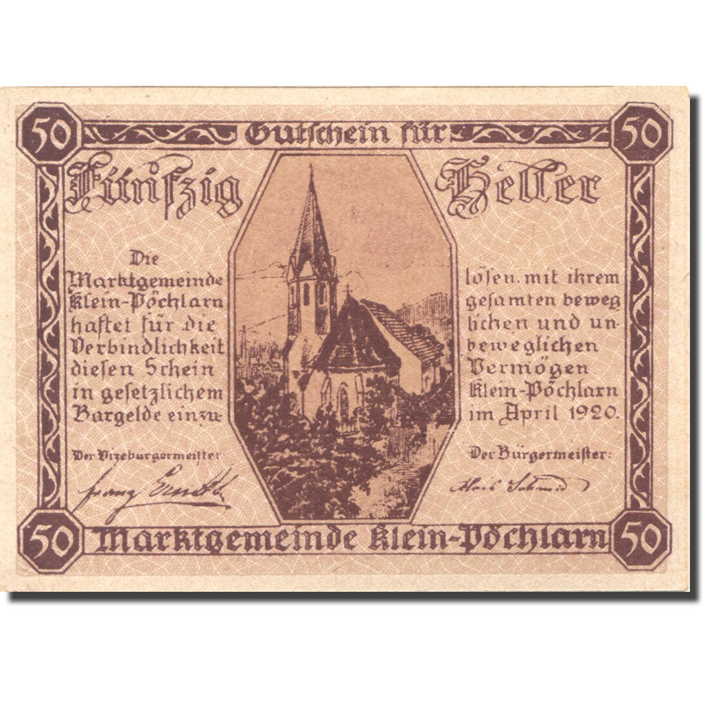Banknote, Austria, Klein-Pöchlarn 50 Heller, Eglise 1, 1920 UNC(63) Mehl:FS 457a