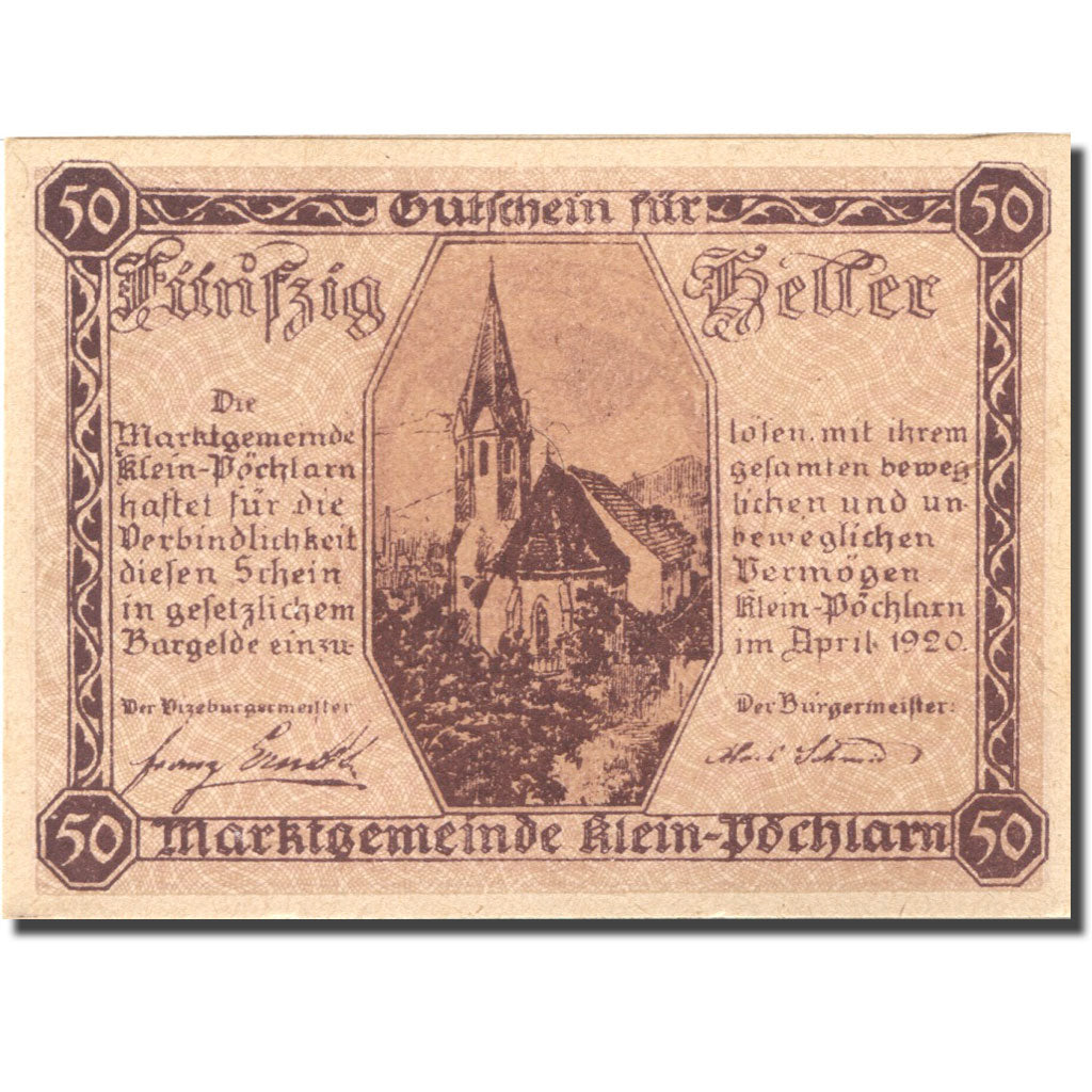 Banknote, Austria, Klein-Pöchlarn 50 Heller, eglise 2, 1920 UNC(63) Mehl:FS 457a
