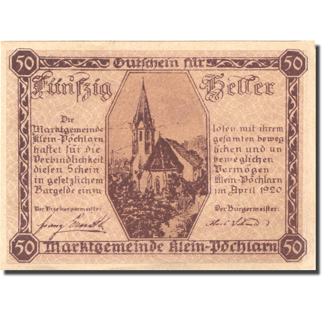 Geldschein, Österreich Klein-Pöchlarn 50 Heller église 3, 1920 UNZ- Mehl:FS 457a